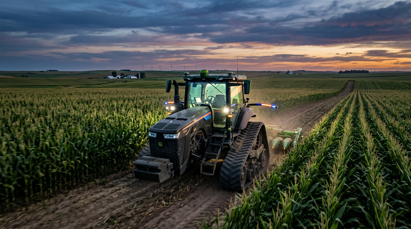 An autonomous tractor with glowing lights navigates a cornfield at sunset, highlighting the advanced technology of modern precision agriculture.