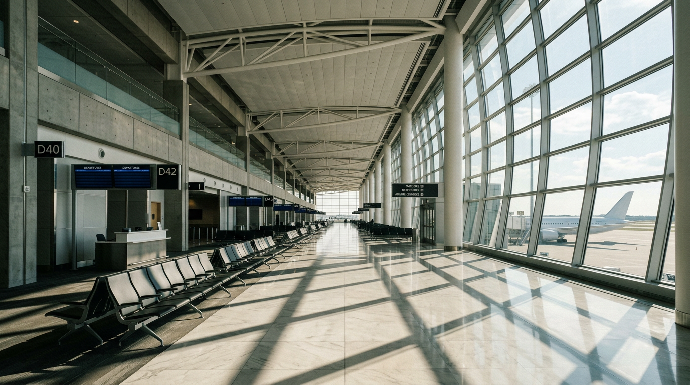 A cavernous and deserted airport departure lounge with rows of empty seats bathed in the light from floor-to-ceiling windows.