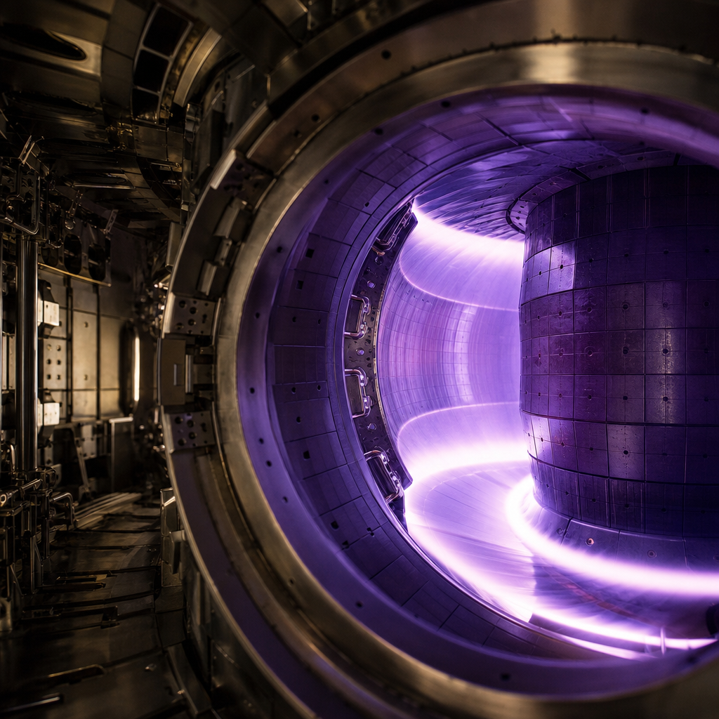 The glowing purple plasma core inside a tokamak reactor, representing the complex science behind the quest for clean fusion energy.