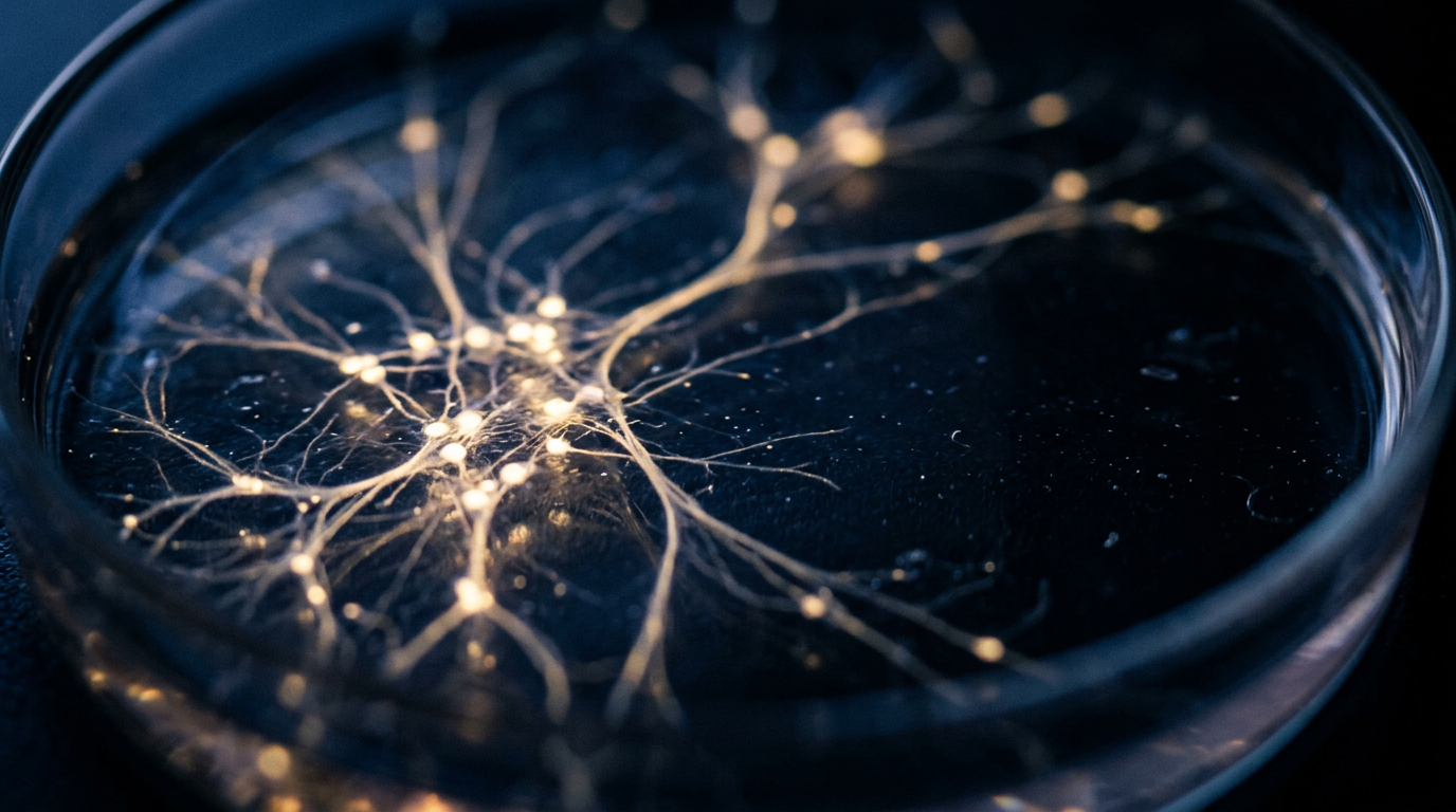 An abstract visualization of a large language model's complex neural network, showing interconnected nodes of glowing data.