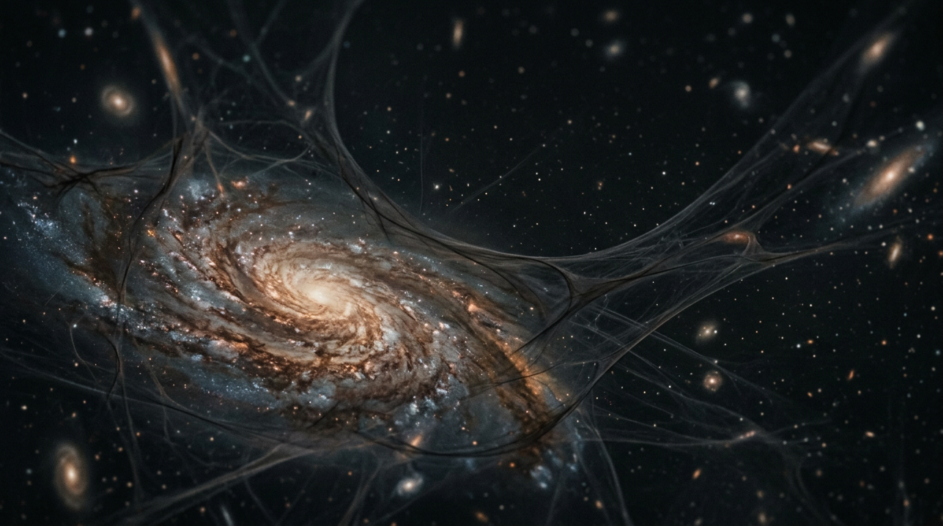 Conceptual image of dark matter filaments intertwining with visible galaxies, illustrating the universe's hidden structure.