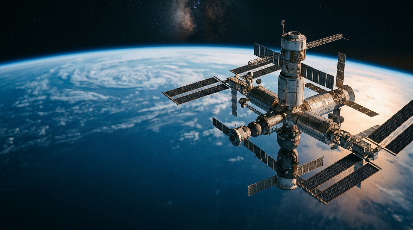 Conceptual rendering of a modular commercial space station in low Earth orbit, with Earth visible below.