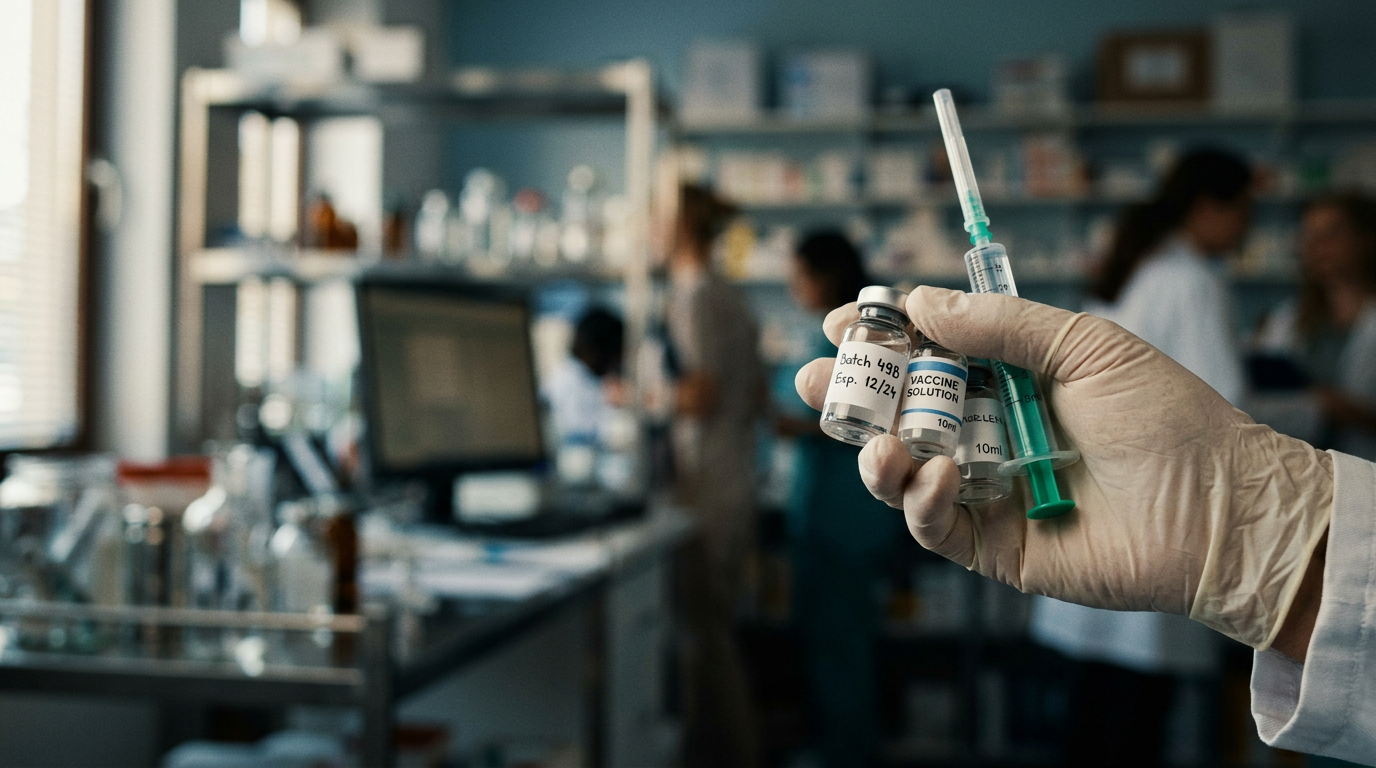 Close-up of compounded semaglutide vials and syringes in a pharmacy setting.